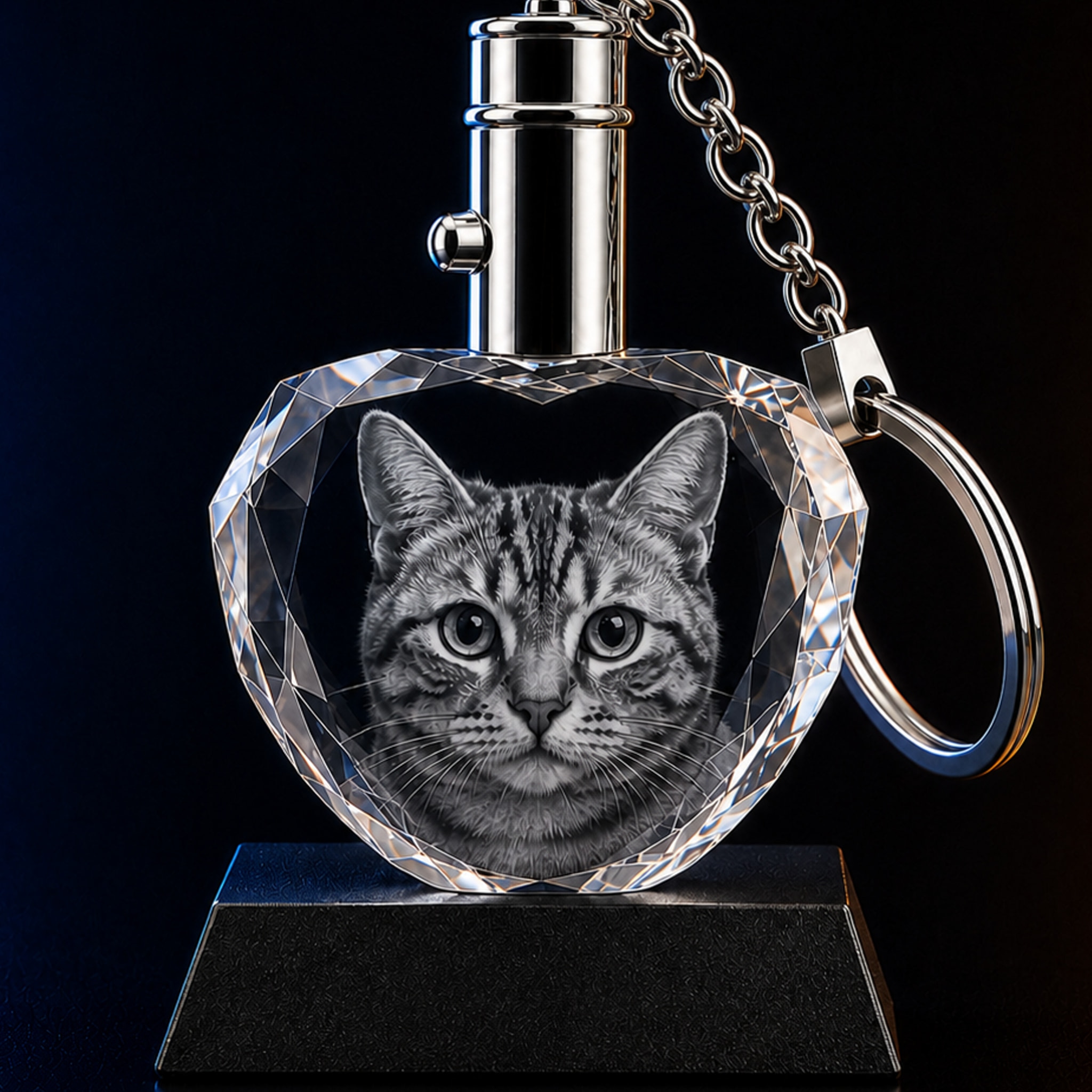 Personalized heart-shaped crystal keychain with laser-engraved photo