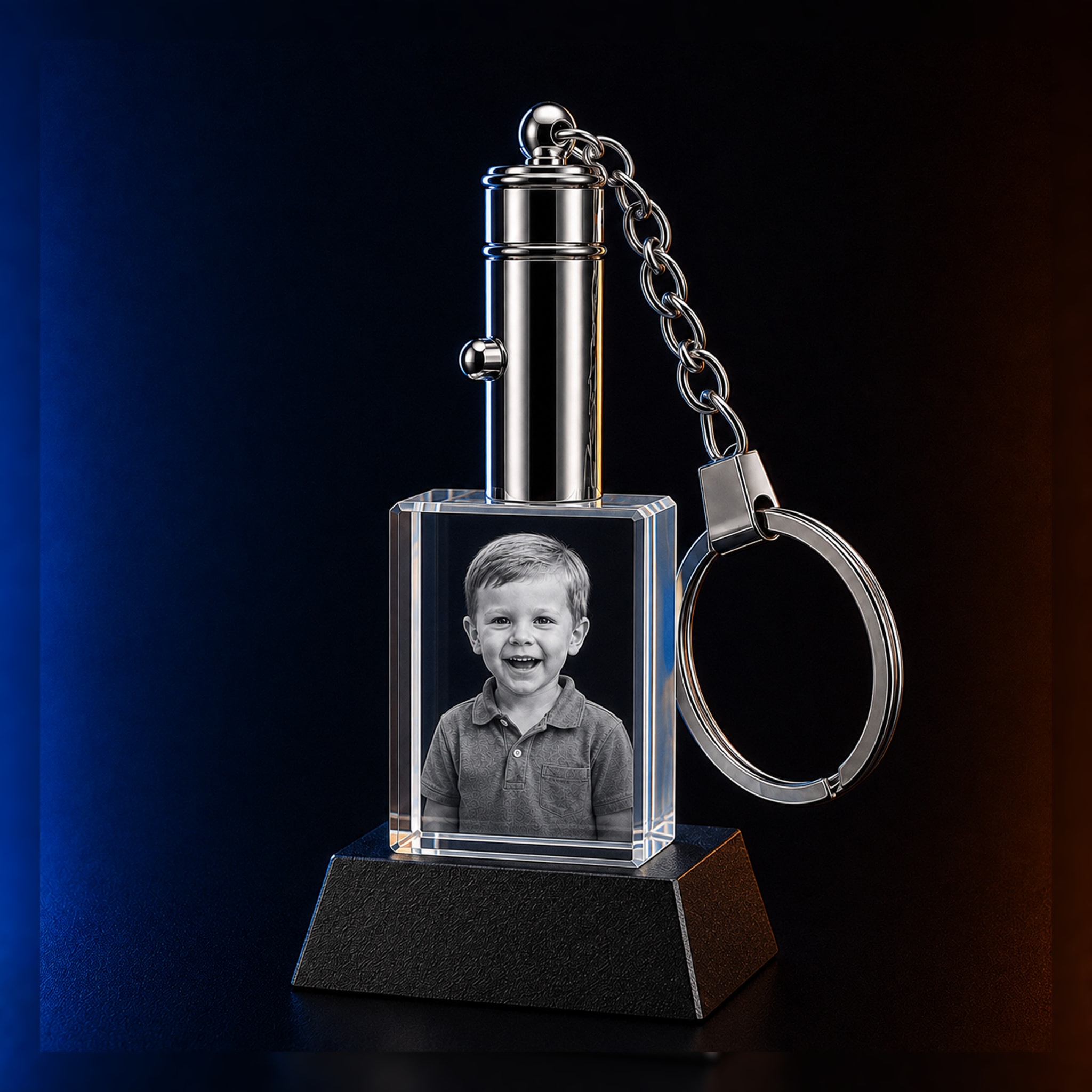 Personalized rectangular crystal keychain with laser-engraved photo