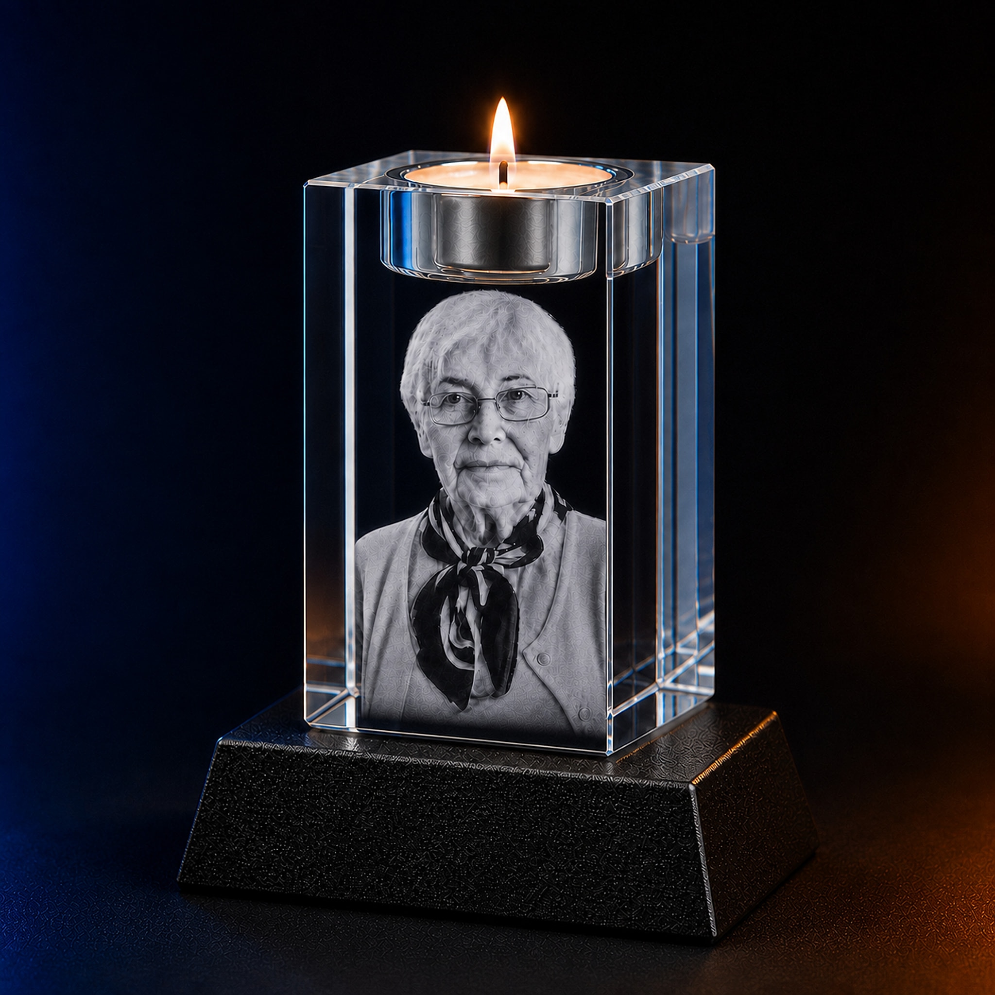 Personalized 3D memorial crystal with laser-engraved photo and candle holder