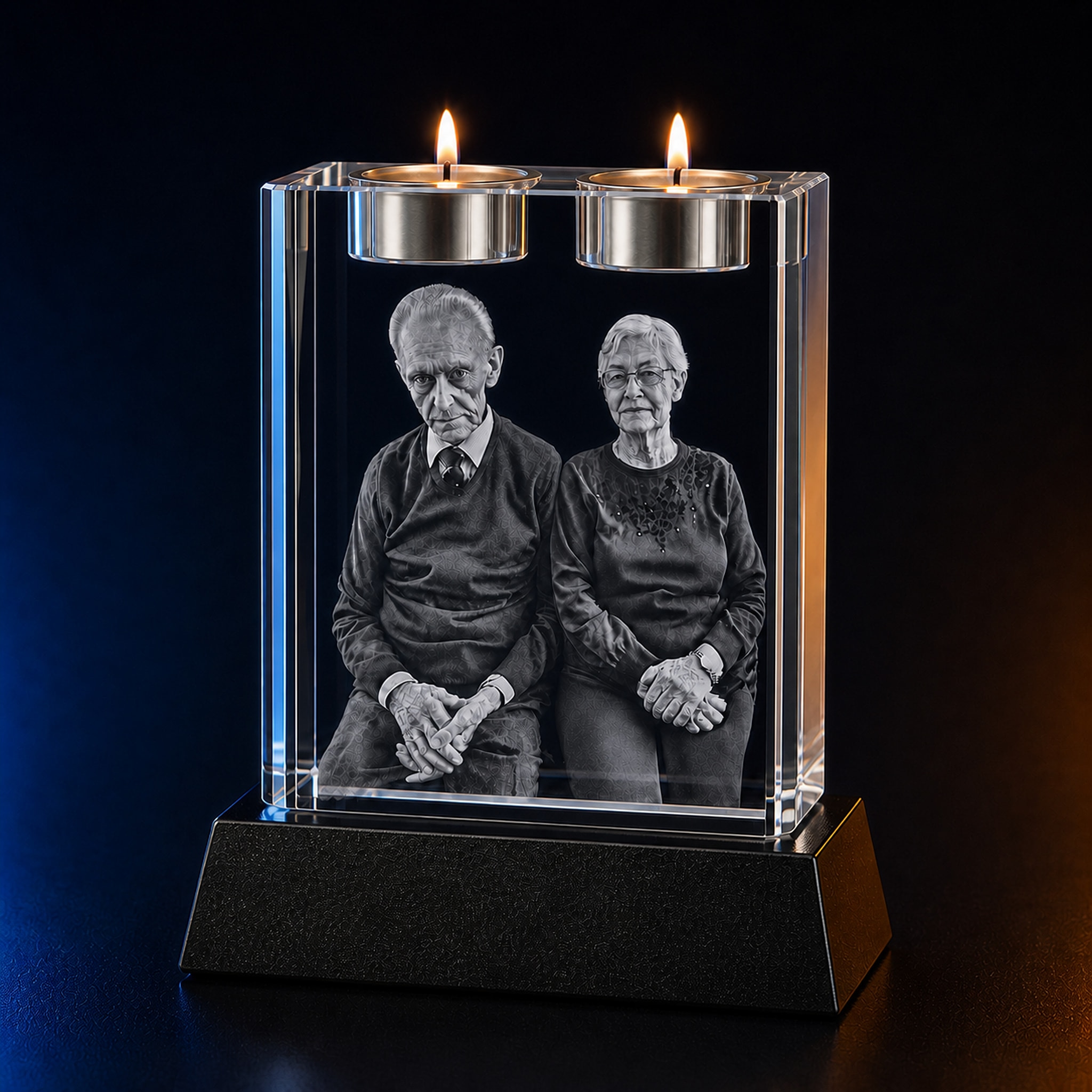Personalized 3D memorial crystal with laser-engraved photo and two candle holders